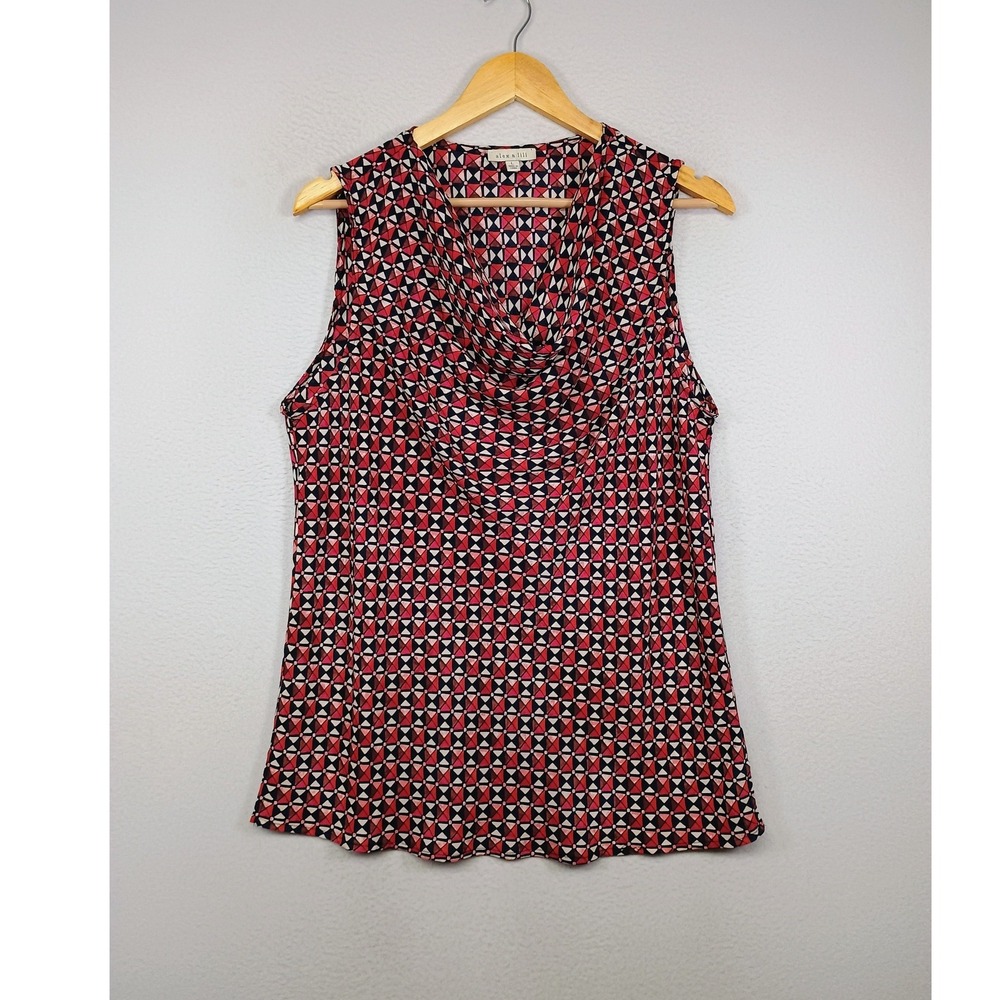 Geometric Mosaic Alex &‎ Lili Womens Large Red Navy Cowl Neck Sleeveless Blouse